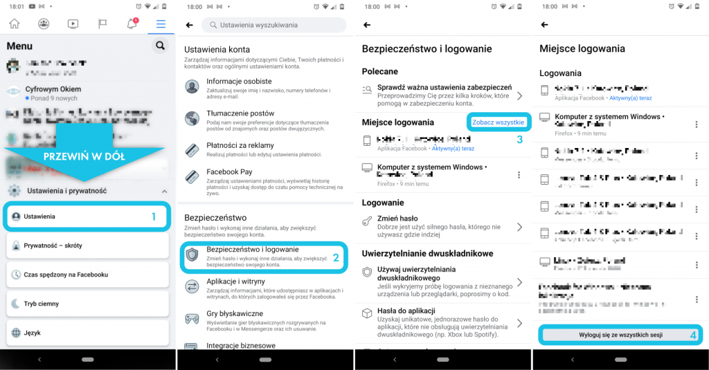 Przycisk "Wyloguj się ze wszystkich sesji" w aplikacji mobilnej Facebook