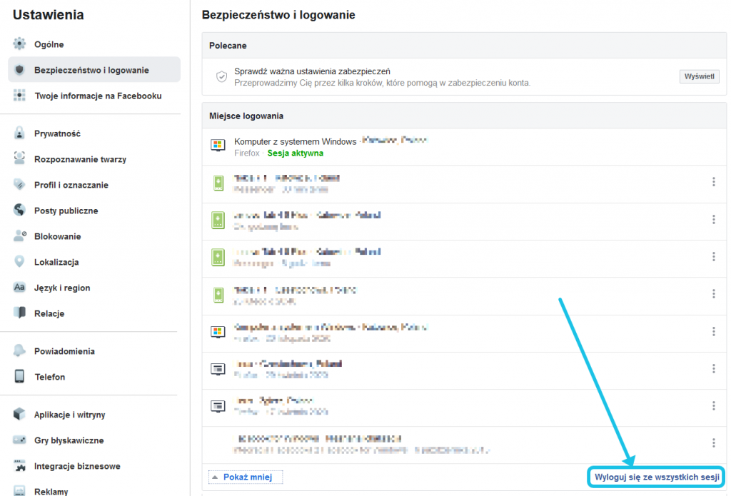 Przycisk "Wyloguj się ze wszystkich sesji" w ustawieniach bezpieczeństwa konta Facebook