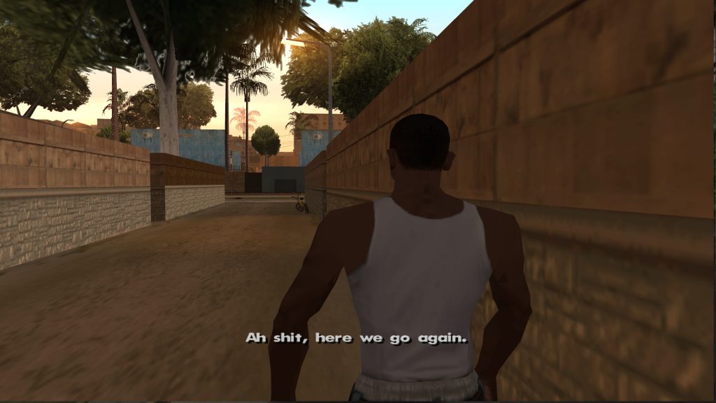 Zrzut ekranu z rozgrywki w GTA: San Andreas z kultowym cytatem "Ah shit, here we go again."